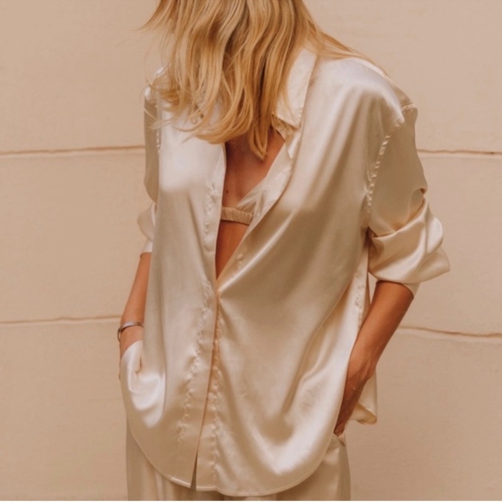 Daily Drills Silky Button Down Top in Champagne - Size XS/S